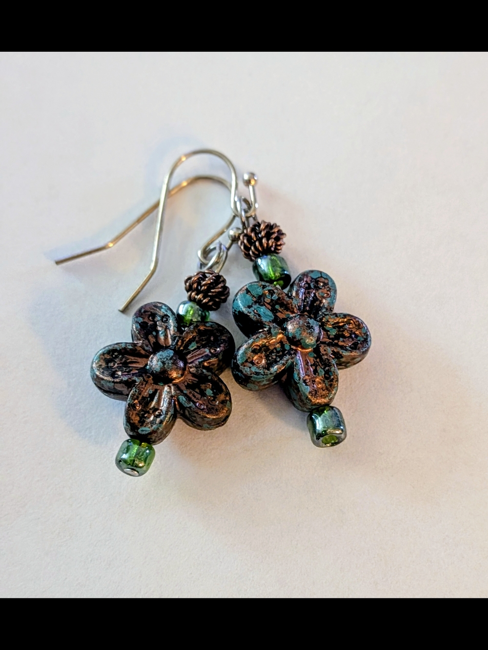 Iridescent Copper and Green Flower Drop Earrings